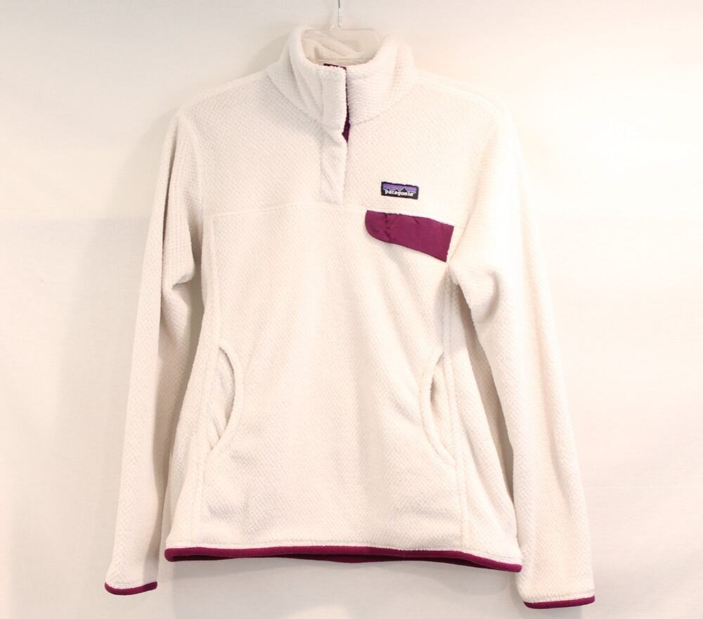 Patagonia Synchilla Fleece Top size M Ivory Maroon 1/4 Snap Up Pocket Pullover